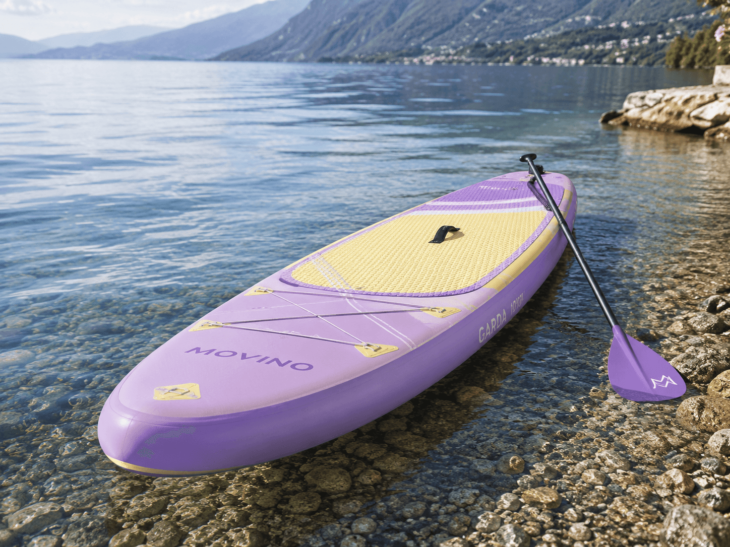 Deska SUP Movino Garda Allround 10’10 Lilac Lemon nad wodą